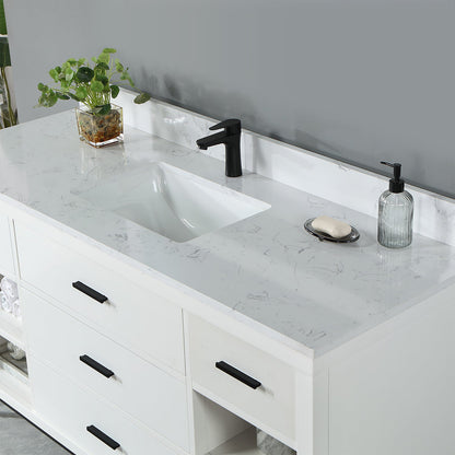 Kesia 60" Single Bathroom Vanity Set in White with Aosta White Engineered Stone Countertop without Mirror
