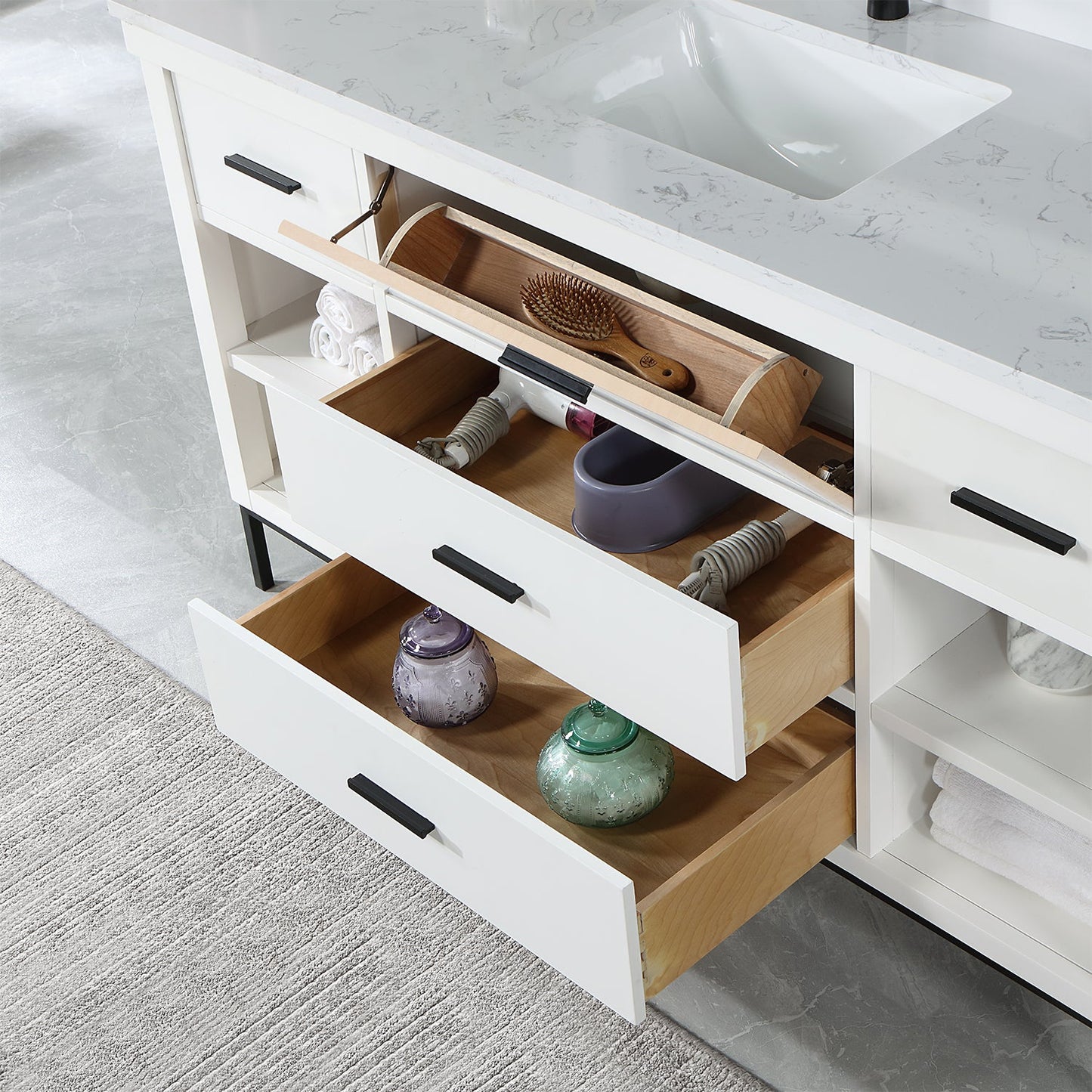 Kesia 60" Single Bathroom Vanity Set in White with Aosta White Engineered Stone Countertop without Mirror