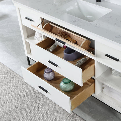 Kesia 60" Single Bathroom Vanity Set in White with Aosta White Engineered Stone Countertop without Mirror