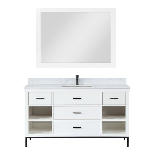 Kesia 60" Single Bathroom Vanity Set in White with Aosta White Engineered Stone Countertop with Mirror