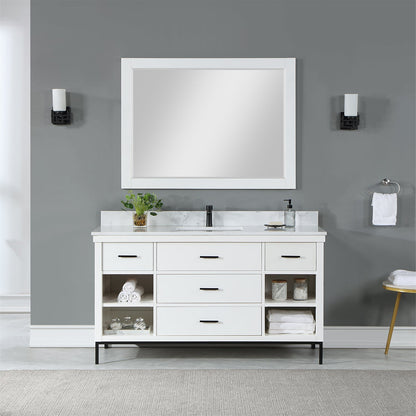 Kesia 60" Single Bathroom Vanity Set in White with Aosta White Engineered Stone Countertop with Mirror