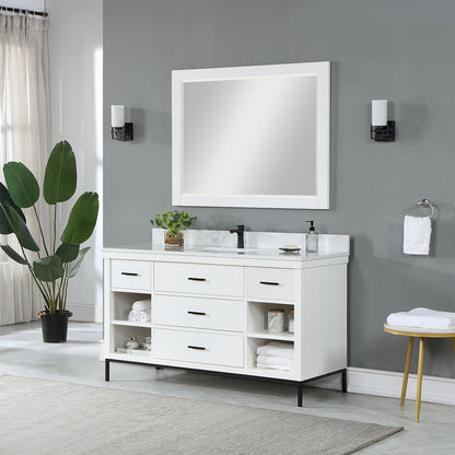 Kesia 60" Single Bathroom Vanity Set in White with Aosta White Engineered Stone Countertop with Mirror
