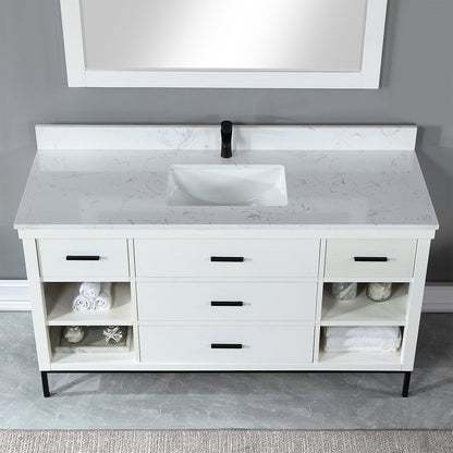 Kesia 60" Single Bathroom Vanity Set in White with Aosta White Engineered Stone Countertop with Mirror