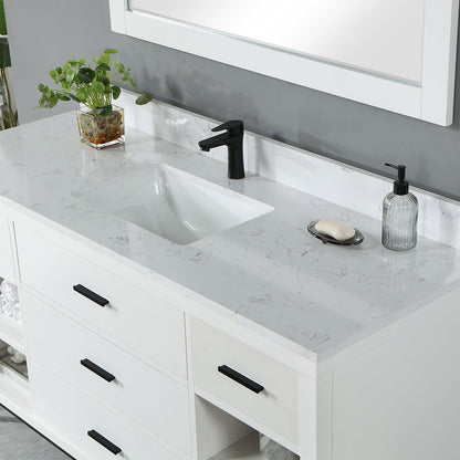 Kesia 60" Single Bathroom Vanity Set in White with Aosta White Engineered Stone Countertop with Mirror