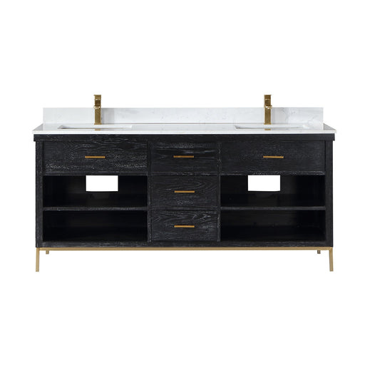 Kesia 72" Double Bathroom Vanity Set in Black Oak with Aosta White Engineered Stone Countertop without Mirror