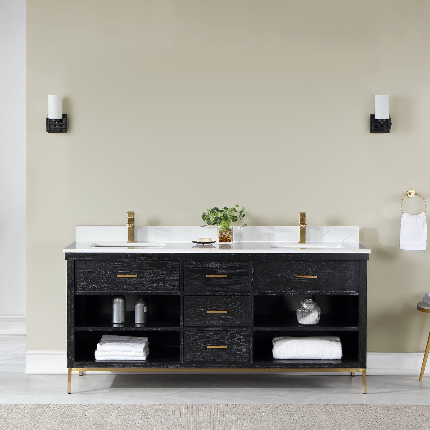 Kesia 72" Double Bathroom Vanity Set in Black Oak with Aosta White Engineered Stone Countertop without Mirror
