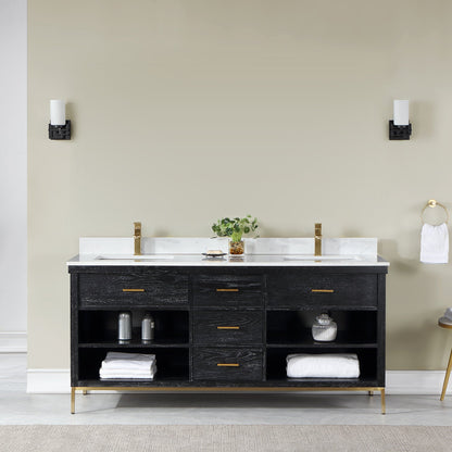 Kesia 72" Double Bathroom Vanity Set in Black Oak with Aosta White Engineered Stone Countertop without Mirror
