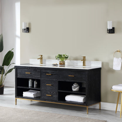 Kesia 72" Double Bathroom Vanity Set in Black Oak with Aosta White Engineered Stone Countertop without Mirror