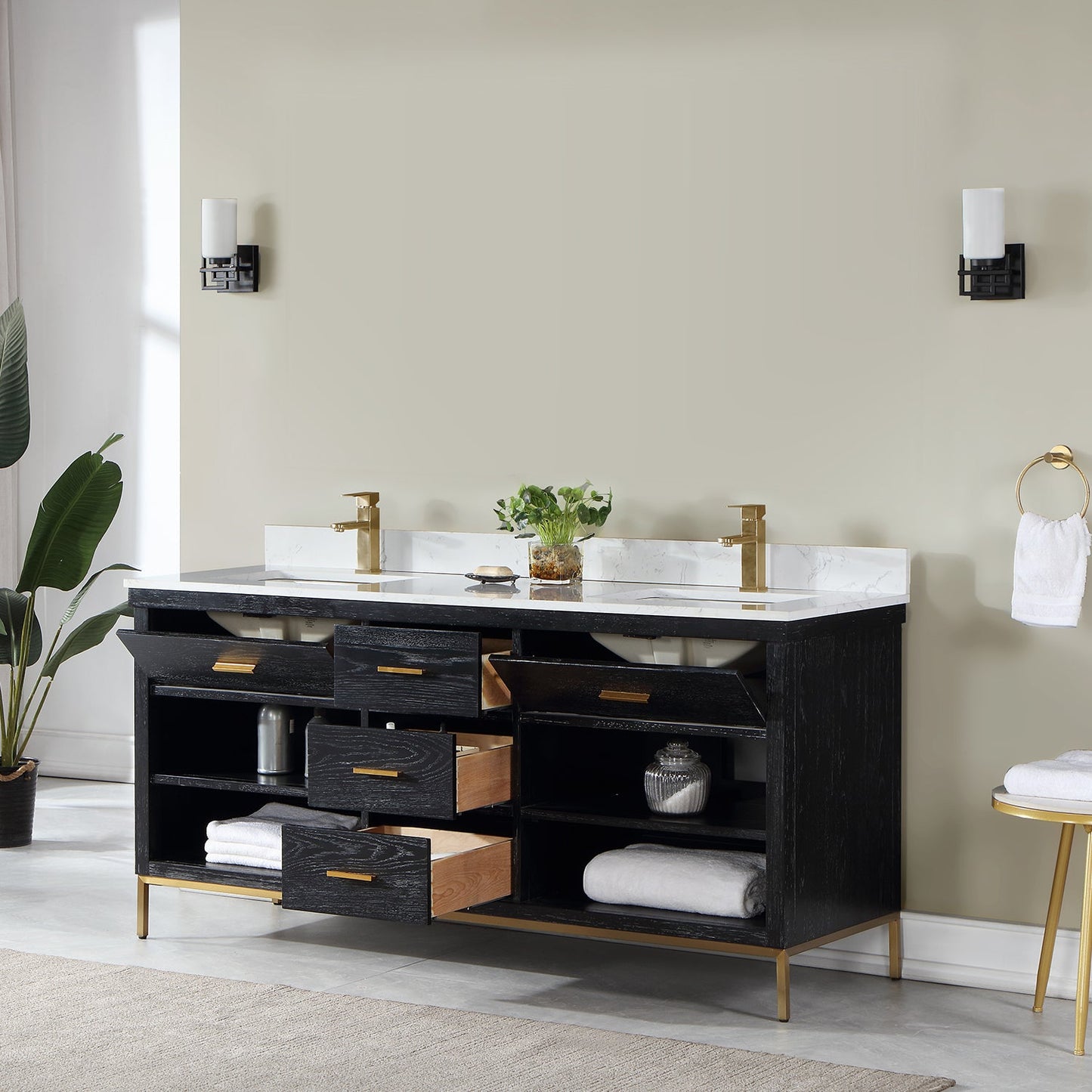 Kesia 72" Double Bathroom Vanity Set in Black Oak with Aosta White Engineered Stone Countertop without Mirror