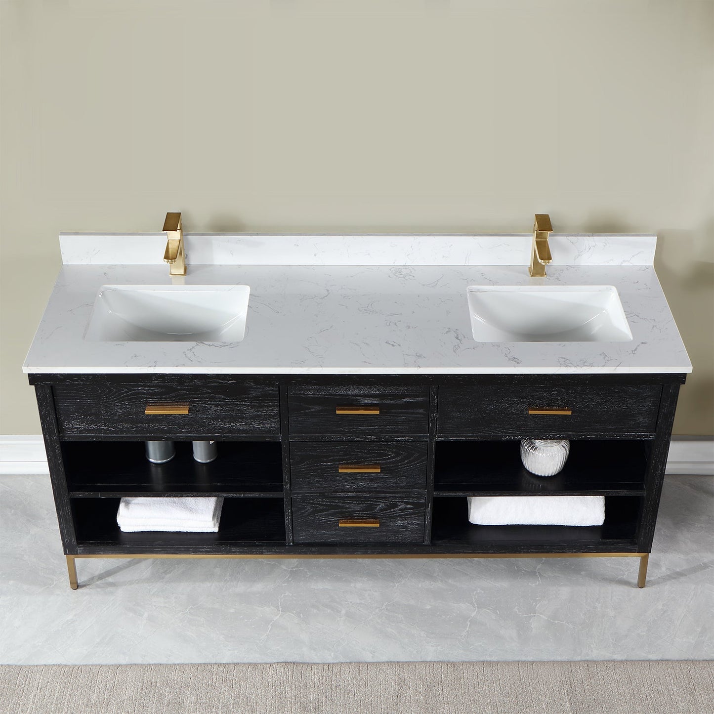 Kesia 72" Double Bathroom Vanity Set in Black Oak with Aosta White Engineered Stone Countertop without Mirror