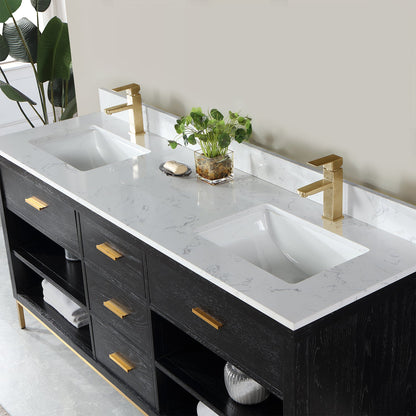 Kesia 72" Double Bathroom Vanity Set in Black Oak with Aosta White Engineered Stone Countertop without Mirror