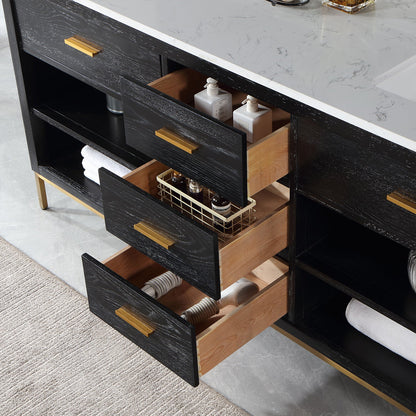 Kesia 72" Double Bathroom Vanity Set in Black Oak with Aosta White Engineered Stone Countertop without Mirror