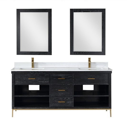 Kesia 72" Double Bathroom Vanity Set in Black Oak with Aosta White Engineered Stone Countertop with Mirror