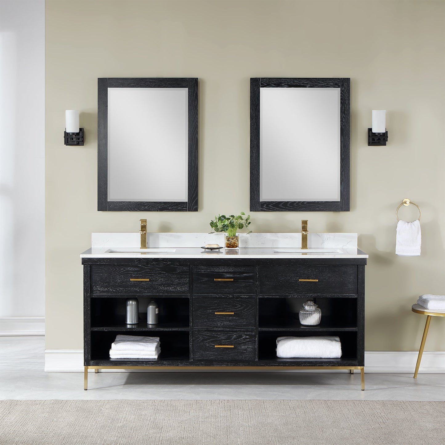 Kesia 72" Double Bathroom Vanity Set in Black Oak with Aosta White Engineered Stone Countertop with Mirror