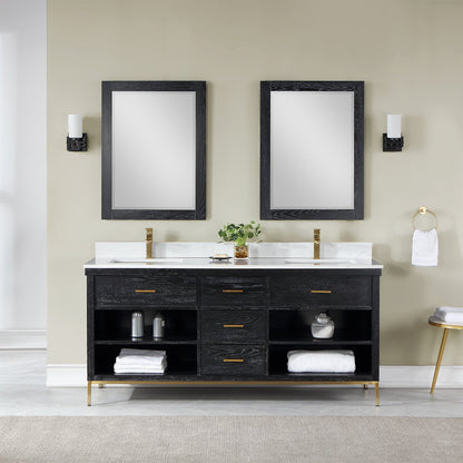 Kesia 72" Double Bathroom Vanity Set in Black Oak with Aosta White Engineered Stone Countertop with Mirror