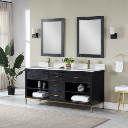 Kesia 72" Double Bathroom Vanity Set in Black Oak with Aosta White Engineered Stone Countertop with Mirror