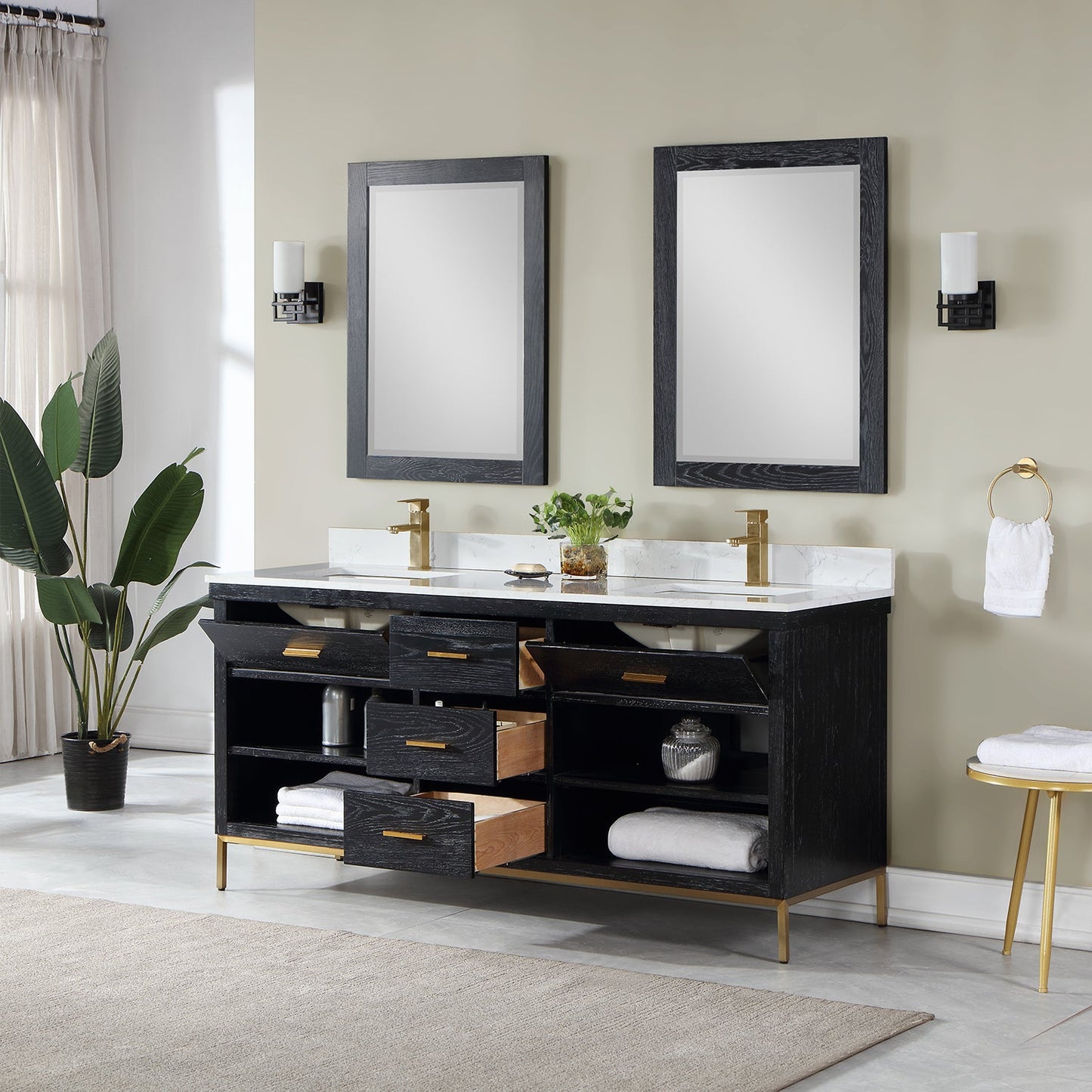 Kesia 72" Double Bathroom Vanity Set in Black Oak with Aosta White Engineered Stone Countertop with Mirror