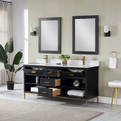 Kesia 72" Double Bathroom Vanity Set in Black Oak with Aosta White Engineered Stone Countertop with Mirror