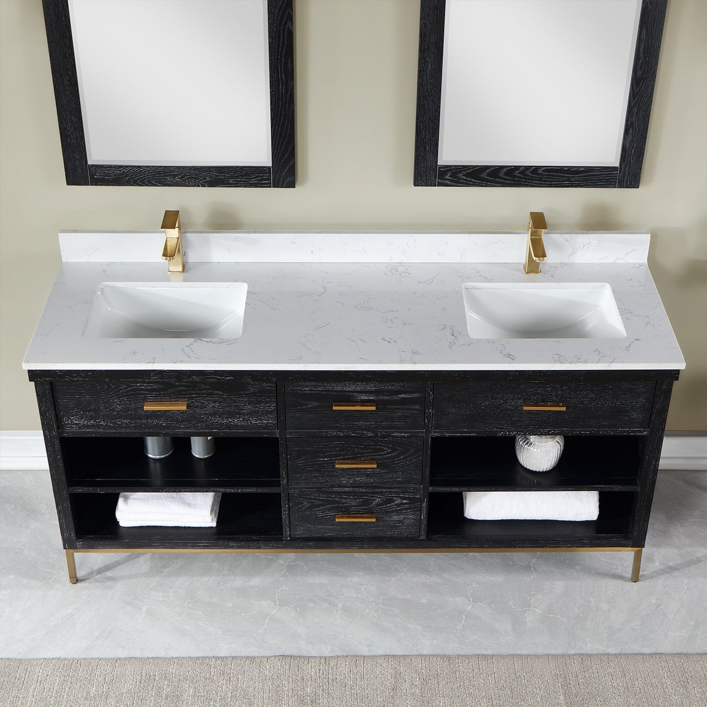 Kesia 72" Double Bathroom Vanity Set in Black Oak with Aosta White Engineered Stone Countertop with Mirror