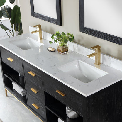 Kesia 72" Double Bathroom Vanity Set in Black Oak with Aosta White Engineered Stone Countertop with Mirror