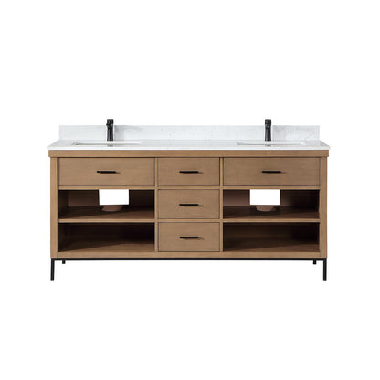 Kesia 72" Double Bathroom Vanity Set in Brown Pine with Aosta White Engineered Stone Countertop without Mirror