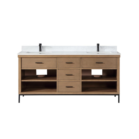 Kesia 72" Double Bathroom Vanity Set in Brown Pine with Aosta White Engineered Stone Countertop without Mirror