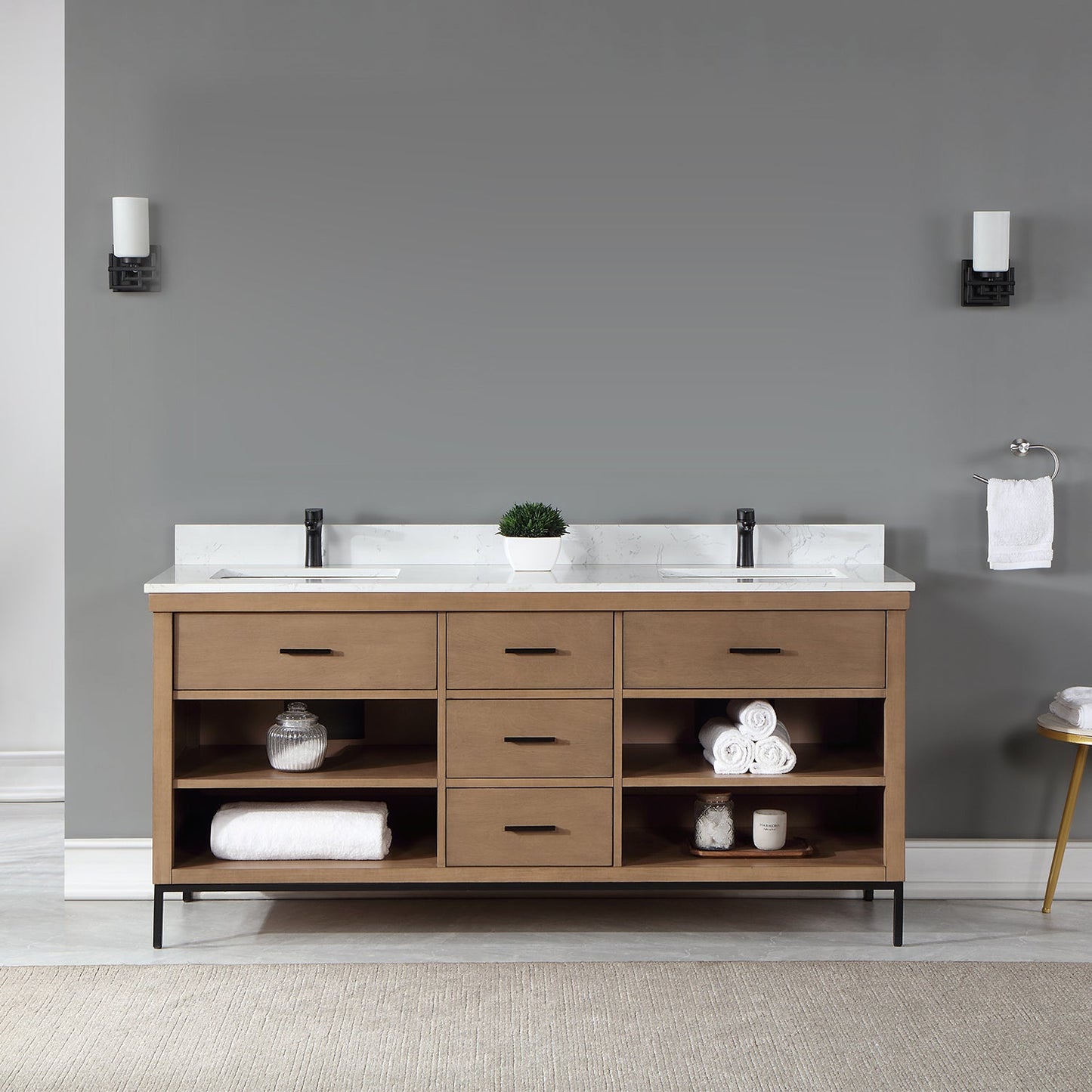 Kesia 72" Double Bathroom Vanity Set in Brown Pine with Aosta White Engineered Stone Countertop without Mirror