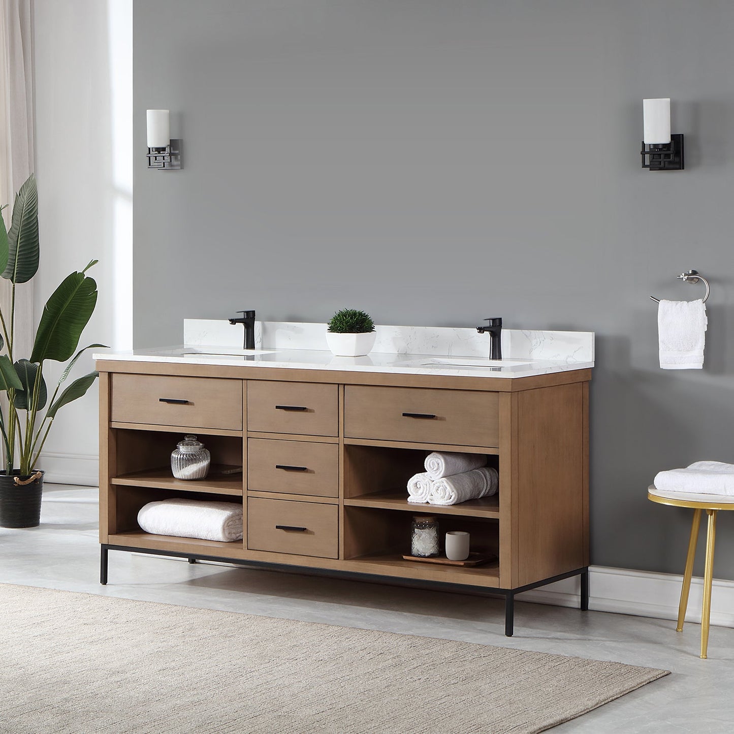 Kesia 72" Double Bathroom Vanity Set in Brown Pine with Aosta White Engineered Stone Countertop without Mirror