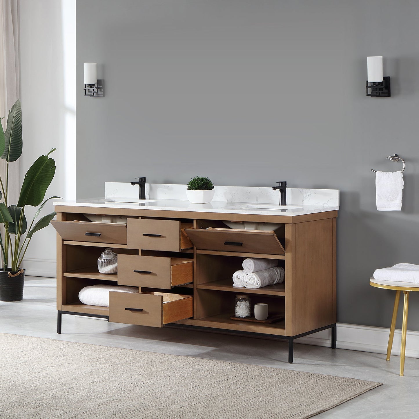 Kesia 72" Double Bathroom Vanity Set in Brown Pine with Aosta White Engineered Stone Countertop without Mirror