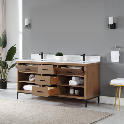 Kesia 72" Double Bathroom Vanity Set in Brown Pine with Aosta White Engineered Stone Countertop without Mirror