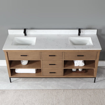 Kesia 72" Double Bathroom Vanity Set in Brown Pine with Aosta White Engineered Stone Countertop without Mirror