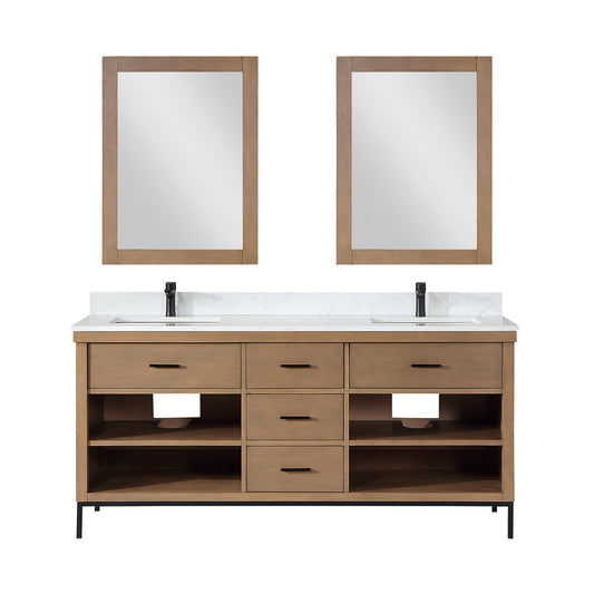 Kesia 72" Double Bathroom Vanity Set in Brown Pine with Aosta White Engineered Stone Countertop with Mirror
