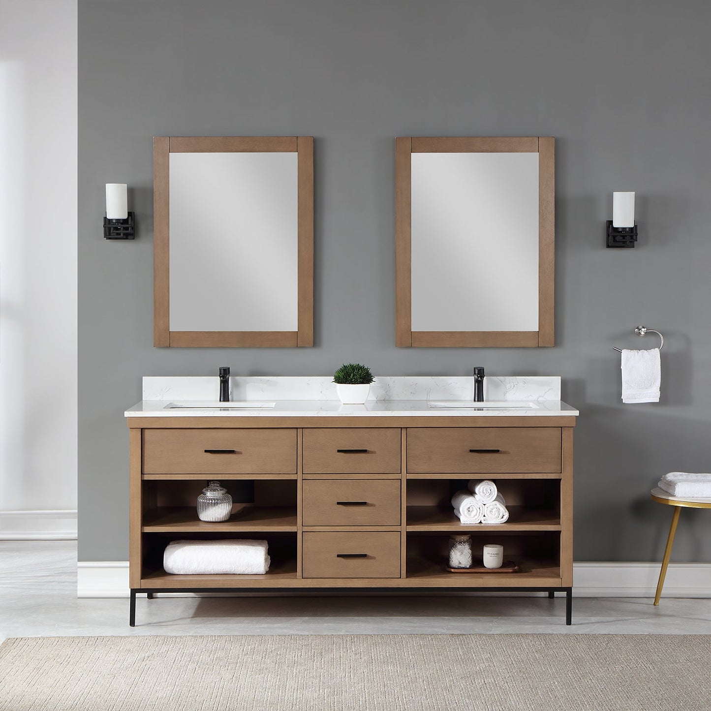 Kesia 72" Double Bathroom Vanity Set in Brown Pine with Aosta White Engineered Stone Countertop with Mirror