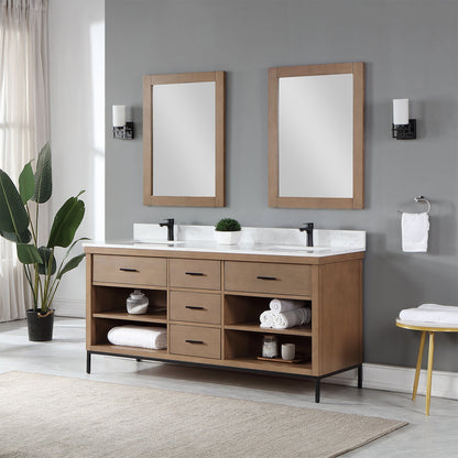 Kesia 72" Double Bathroom Vanity Set in Brown Pine with Aosta White Engineered Stone Countertop with Mirror