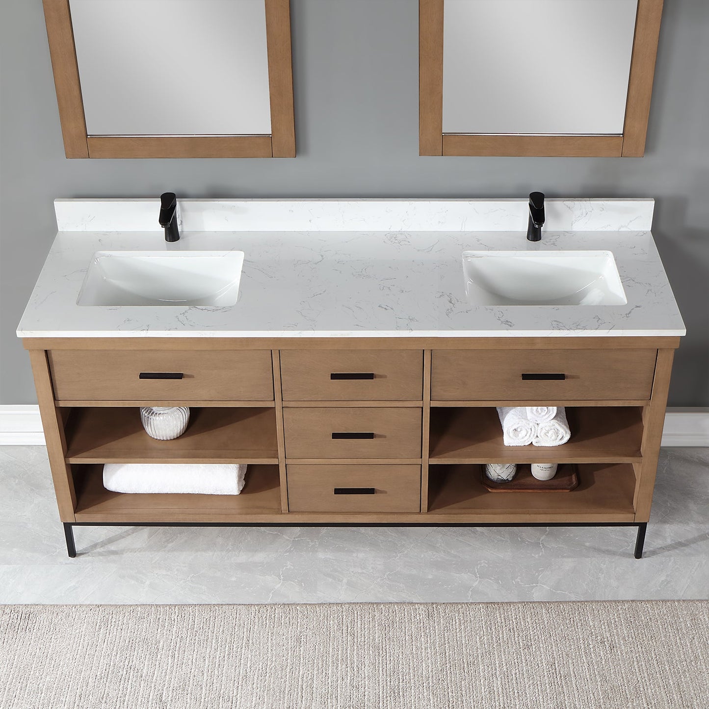 Kesia 72" Double Bathroom Vanity Set in Brown Pine with Aosta White Engineered Stone Countertop with Mirror