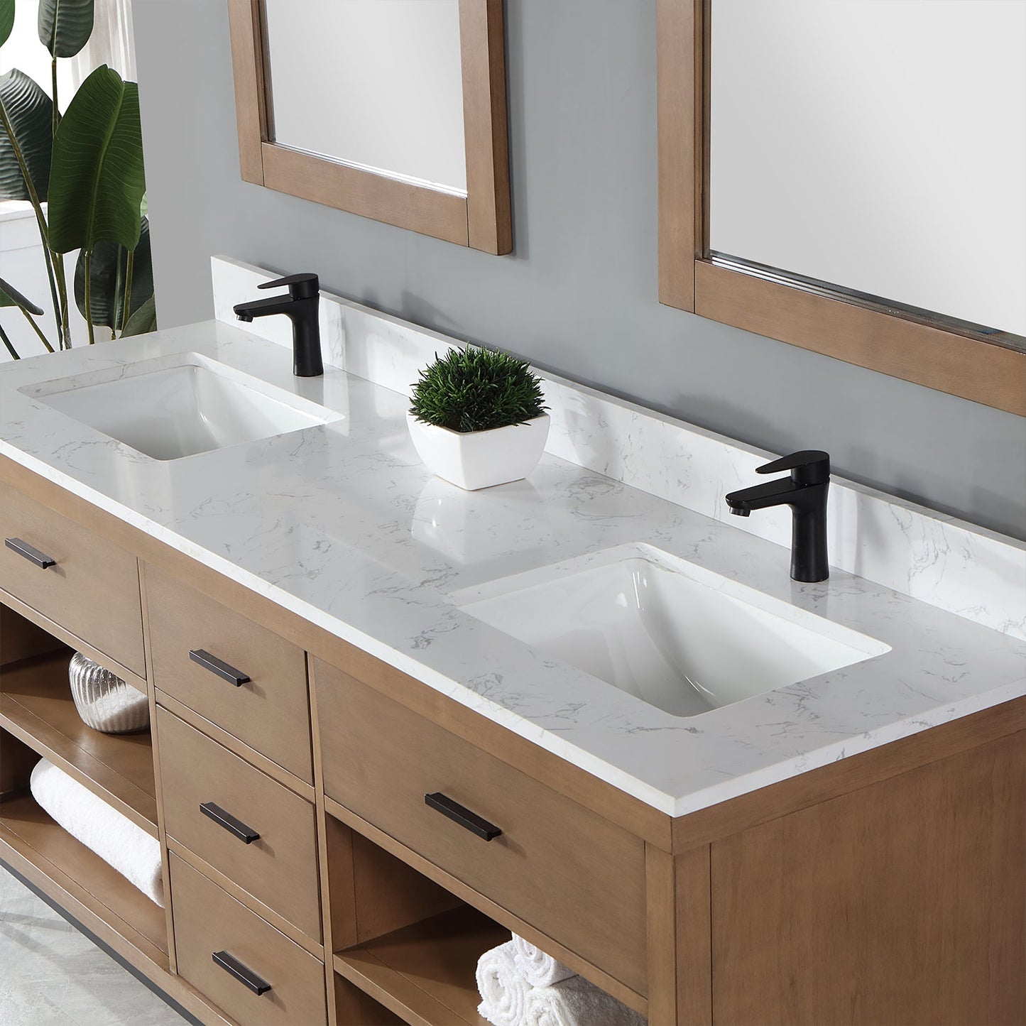 Kesia 72" Double Bathroom Vanity Set in Brown Pine with Aosta White Engineered Stone Countertop with Mirror