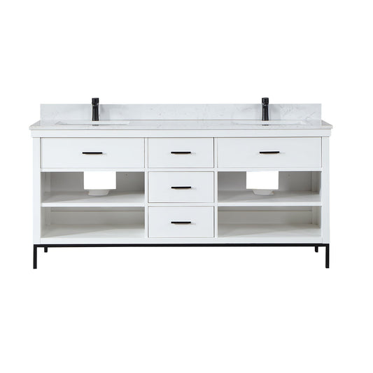 Kesia 72" Double Bathroom Vanity Set in White with Aosta White Engineered Stone Countertop without Mirror