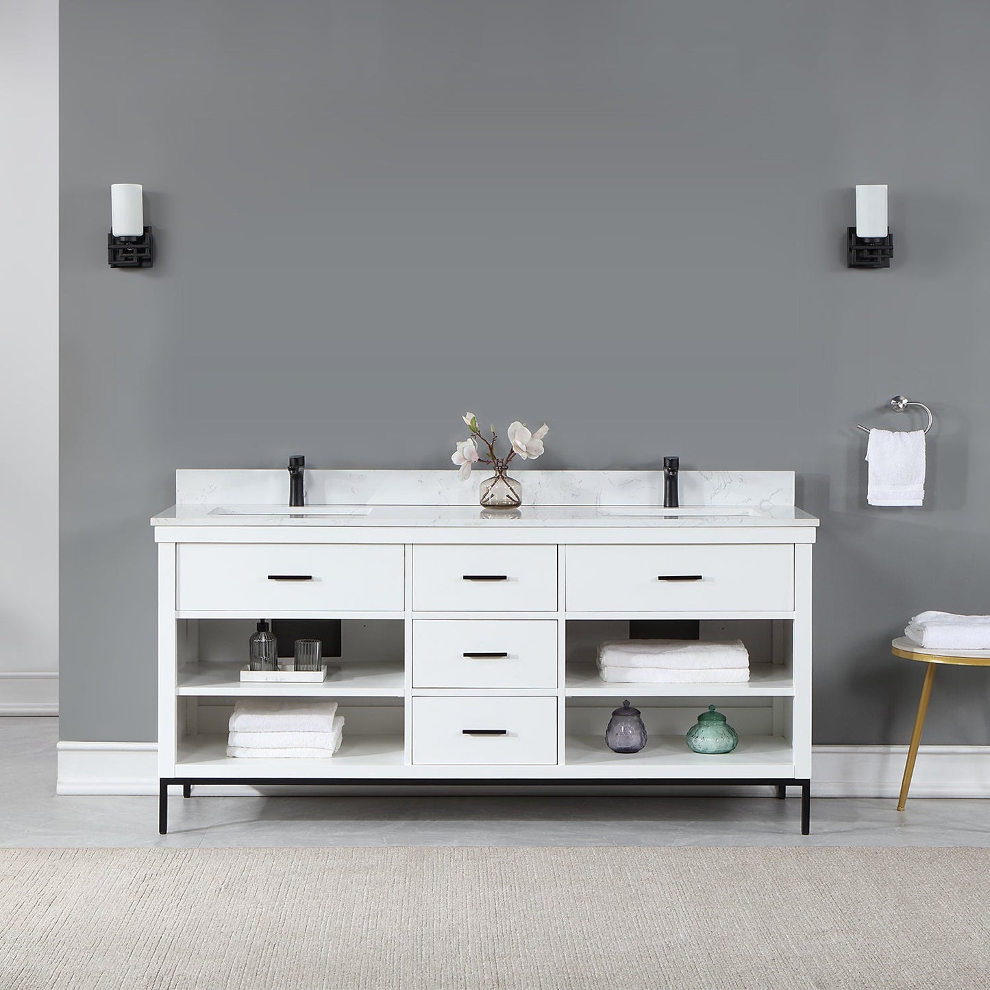Kesia 72" Double Bathroom Vanity Set in White with Aosta White Engineered Stone Countertop without Mirror