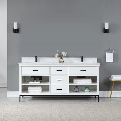 Kesia 72" Double Bathroom Vanity Set in White with Aosta White Engineered Stone Countertop without Mirror