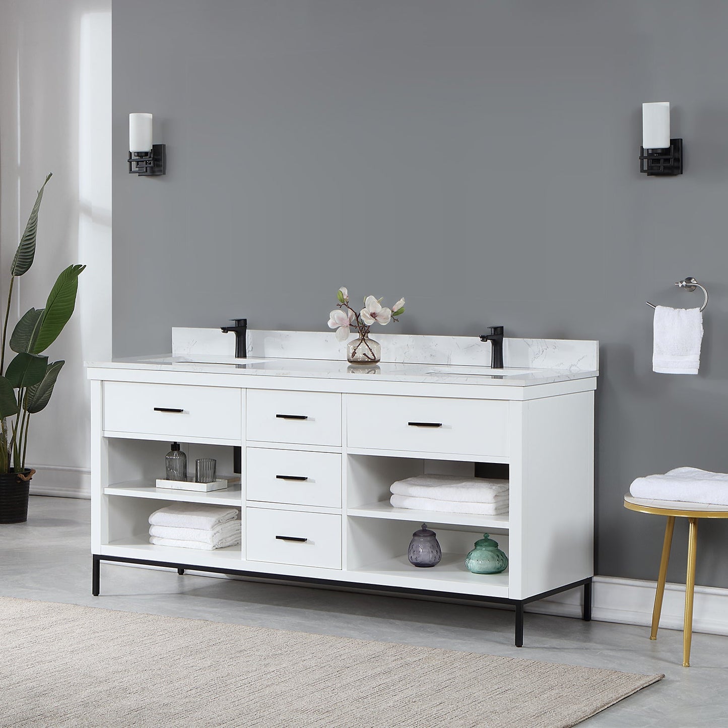 Kesia 72" Double Bathroom Vanity Set in White with Aosta White Engineered Stone Countertop without Mirror