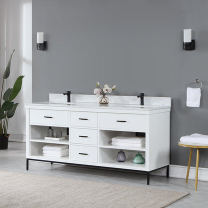 Kesia 72" Double Bathroom Vanity Set in White with Aosta White Engineered Stone Countertop without Mirror