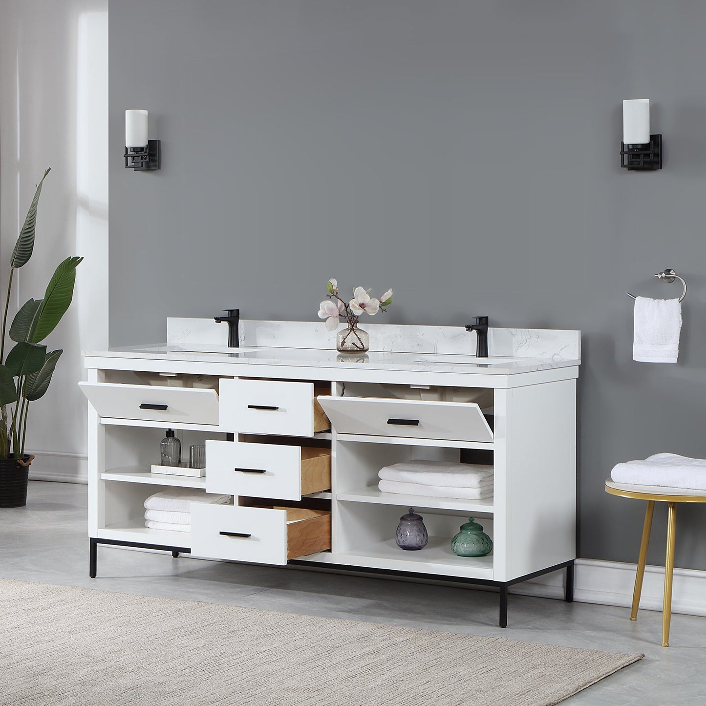 Kesia 72" Double Bathroom Vanity Set in White with Aosta White Engineered Stone Countertop without Mirror