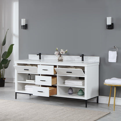 Kesia 72" Double Bathroom Vanity Set in White with Aosta White Engineered Stone Countertop without Mirror