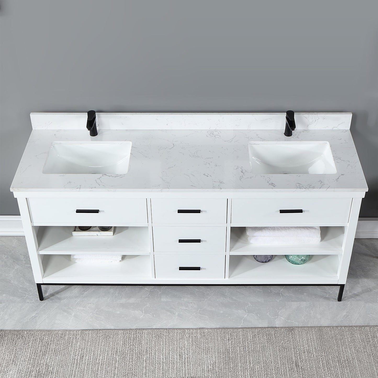 Kesia 72" Double Bathroom Vanity Set in White with Aosta White Engineered Stone Countertop without Mirror