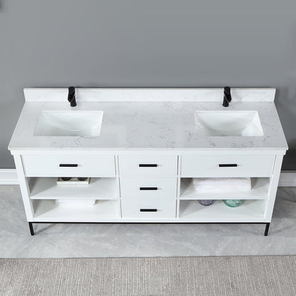 Kesia 72" Double Bathroom Vanity Set in White with Aosta White Engineered Stone Countertop without Mirror