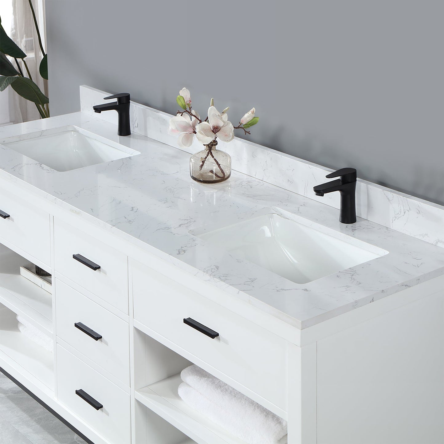 Kesia 72" Double Bathroom Vanity Set in White with Aosta White Engineered Stone Countertop without Mirror