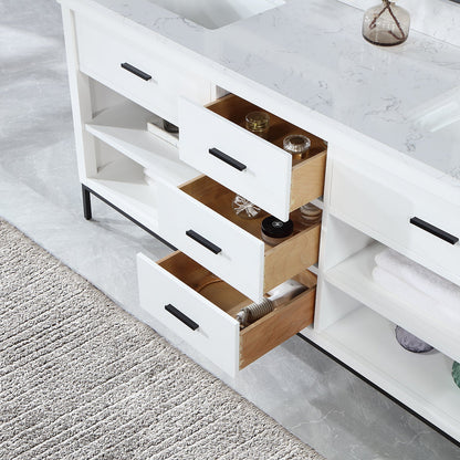 Kesia 72" Double Bathroom Vanity Set in White with Aosta White Engineered Stone Countertop without Mirror