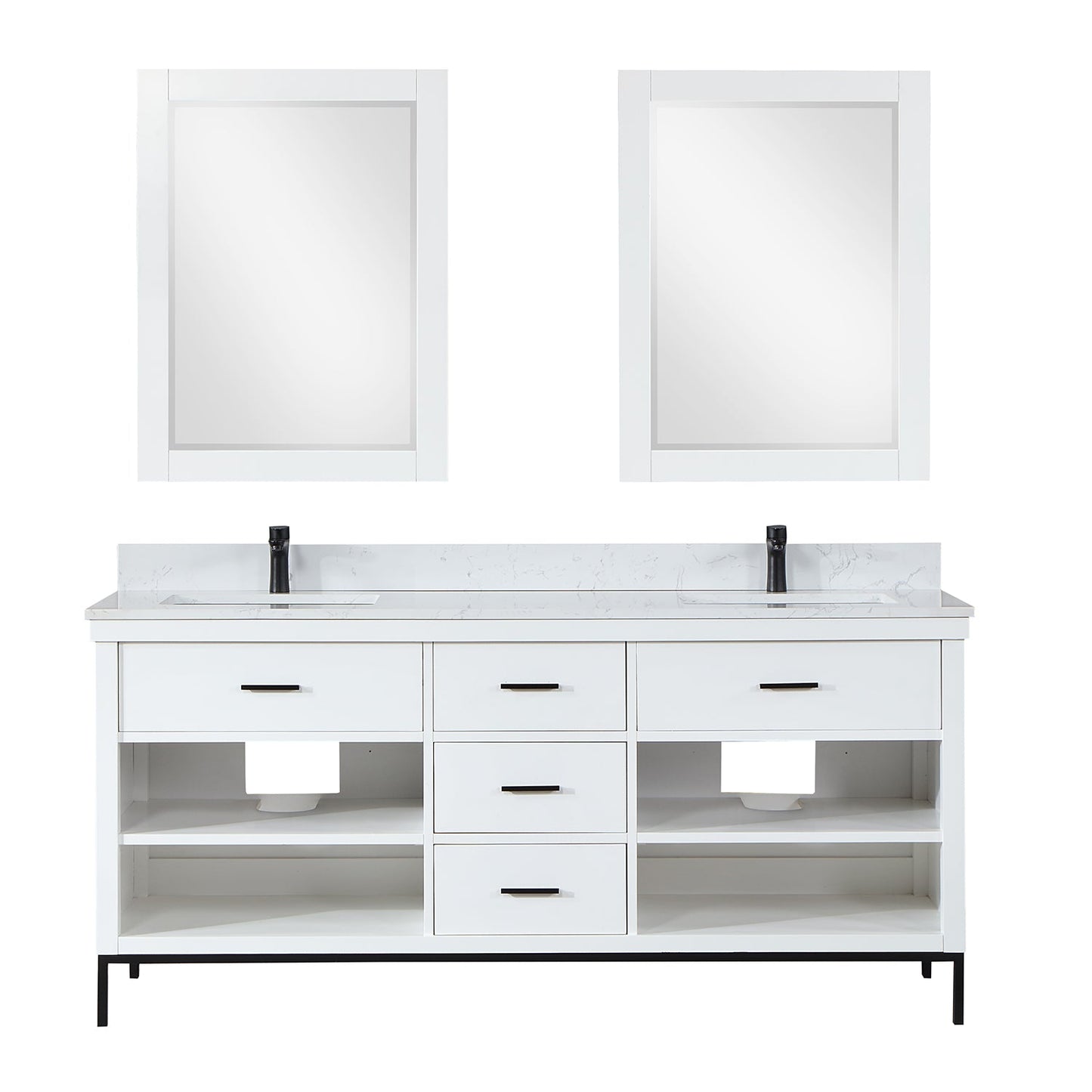 Kesia 72" Double Bathroom Vanity Set in White with Aosta White Engineered Stone Countertop with Mirror