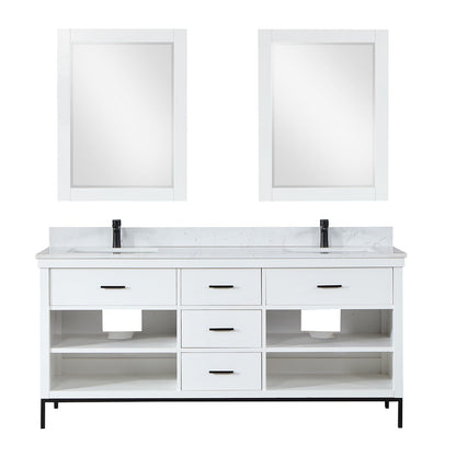 Kesia 72" Double Bathroom Vanity Set in White with Aosta White Engineered Stone Countertop with Mirror