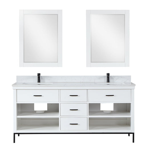 Kesia 72" Double Bathroom Vanity Set in White with Aosta White Engineered Stone Countertop with Mirror